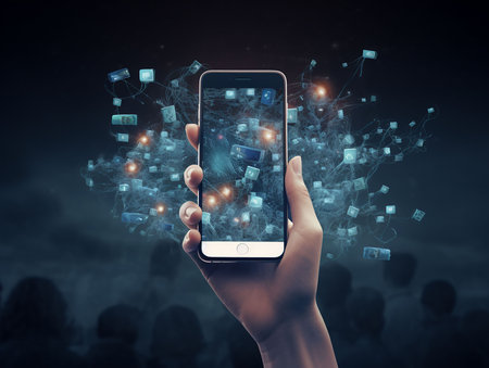 hands holding smartphone social media conceptの素材