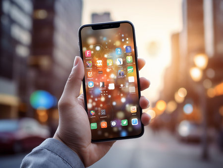 hands holding smartphone social media conceptの素材