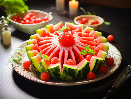 artistically cut watermelon on a dark background. generated iaの素材