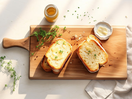cutting board with sandwiches with vegetables and cheese on white table. generated iaの素材