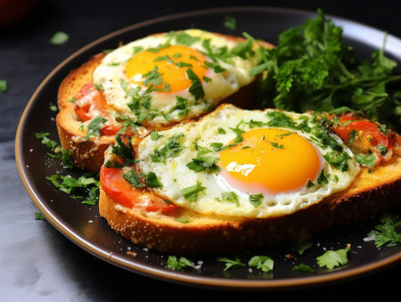 bruschetta with fried egg in the dark and parsley on a black background. generated iaの素材