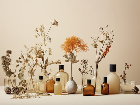 bottle with fragrance and vase of flowers. Minimal style, modern branding of beauty products.の素材