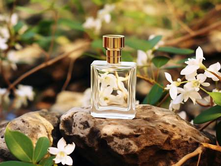 Jasmine flowers and bottles of perfume placed on the stone. Image generated by AI technologyの素材