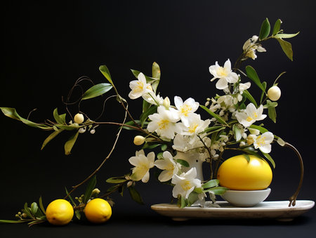 ikebana of jasmine flowers and lemons. generated iaの素材