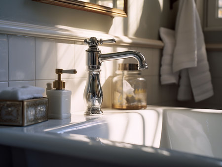 washbasin with faucet in light colored bathroom. soft lightの素材