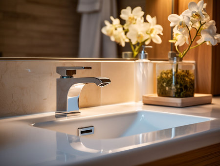washbasin with faucet in light colored bathroom. soft lightの素材