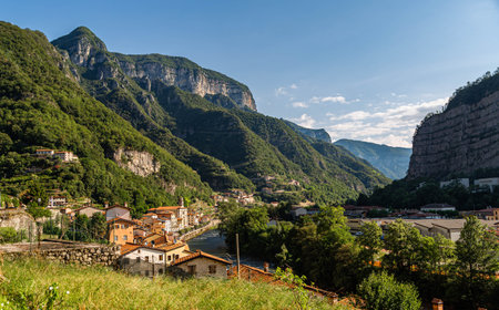 beautiful landscape with houses at the foot of the mountain
