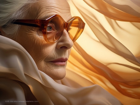 portrait of elderly woman with fine wrinkles on airy silk background. generated AIの素材