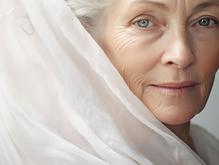 portrait of elderly woman with fine wrinkles on airy silk background. generated AIの素材