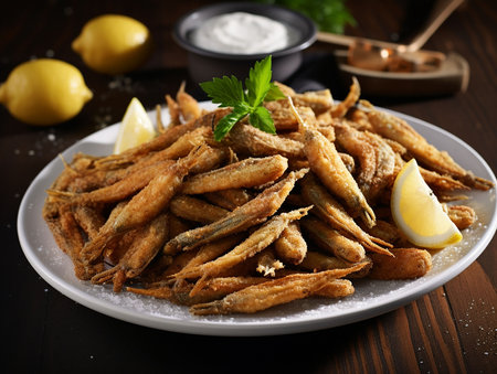 breaded fried anchovies and lemon. generated AIの素材