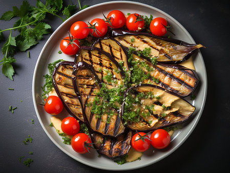 Grilled aubergines served with sauce and cherry. generated AIの素材