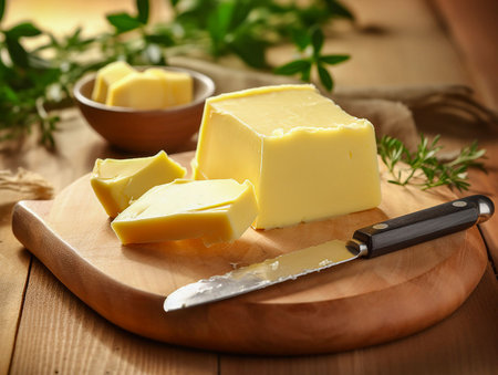 fresh butter cut into pieces and parsley on the wooden plate. generated AIの素材