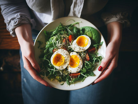 plate of salad with egg in woman's hands. generated iaの素材