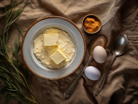 dough ingredients. eggs and dish with flour and butter cubes. generated AIの素材