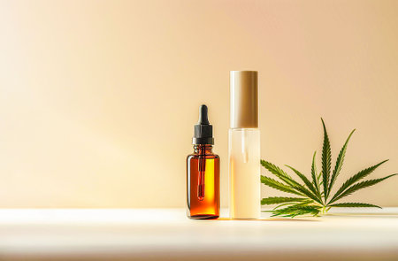bottle with essential oil on a light background with marijuana leaves. generated AIの素材