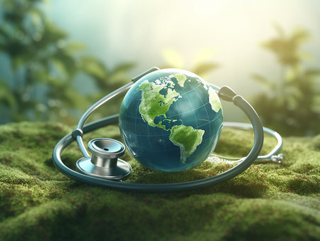 stethoscope used to check the health of the earth globe. World environment and earth day concept.の素材