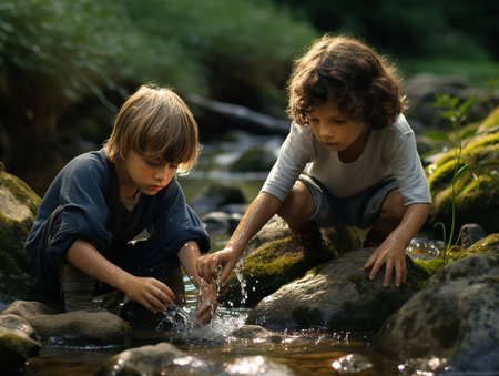 happy children play in stream of water. generated iaの素材