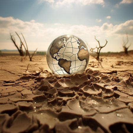 fragile planet over dry cracked agricultural field due to drought. generated iaの素材