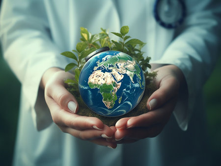 Close-up of doctor's hands holding earth globe. concept save planet. generated iaの素材