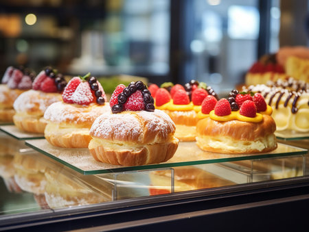 Freshly made bakery and treats. Desserts assortment on light background. generated iaの素材