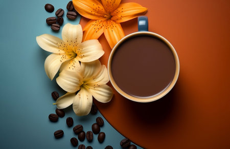 Flower, cup of coffee and macaron on color background. world coffee day concept. generated AIの素材