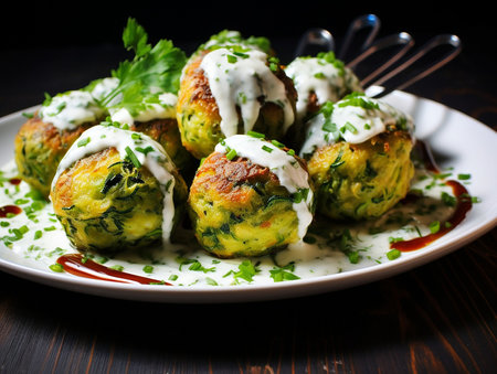 A plate of zucchini meatballs with white sauce. generated AIの素材