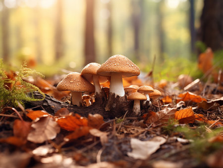 Group mushroom in a beautiful autumn forest. generated AIの素材