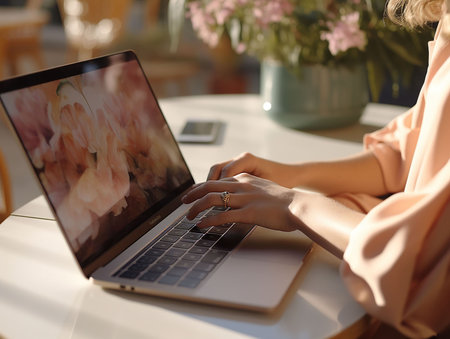 hands of businesswoman working on computer in comfortable office. generated AIの素材