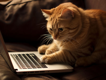 Charming cat working with a laptop. generated AIの素材