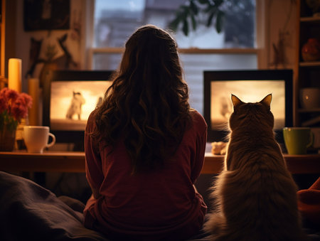 young girl and cat at home each look at her laptop in the evening. generated AIの素材