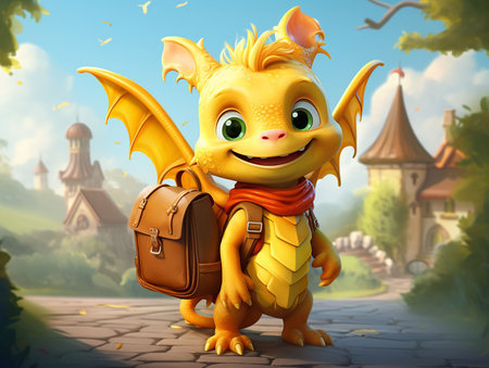 cute dragon baby goes to school.cartoon illustration. generated AIの素材
