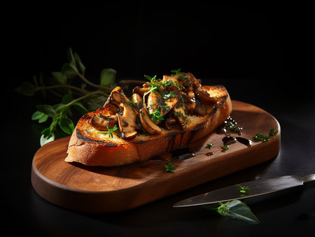 grilled bruschetta with mushrooms served on cutting board. generated AIの素材