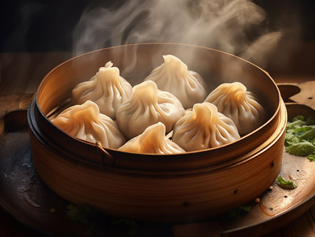 Chinese steamed dumplings with mushrooms. generated AIの素材