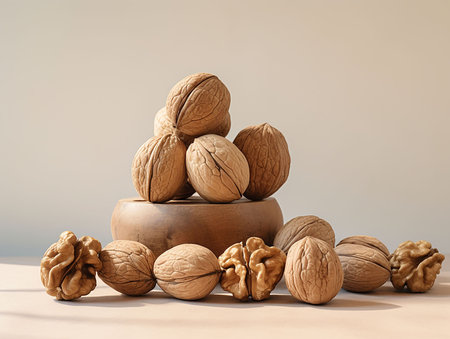 walnuts on table on light background. generated AIの素材