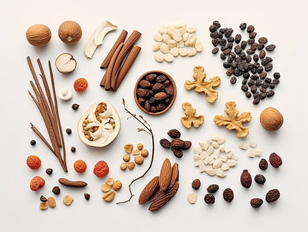 fruits and dried nuts on white background arranged in japanese style. generated AIの素材