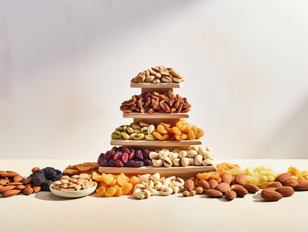 various dried fruits and nuts in plate and in bulk on semi clear table. generated AIの素材
