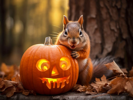little hamster with pumpkin on the autumn leaves. Halloween concept. generated AIの素材