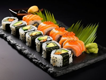 Sushi rolls on a black background.Served with elegance. generate aiの素材