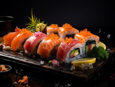 Sushi rolls with salmon, avocado and rice on a black background. generate aiの素材