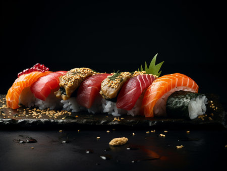 Sushi rolls on black background.Japanese traditional food generated aiの素材