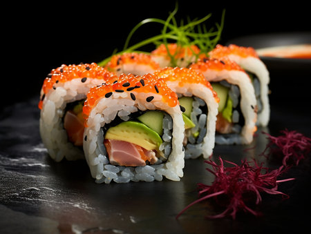 Sushi rolls with salmon, avocado and rice on a black background. generate aiの素材