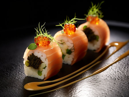 Sushi rolls with salmon, avocado and rice on a black background. generate aiの素材