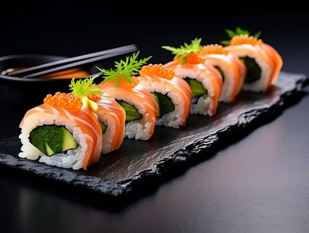 Sushi rolls with salmon, avocado and rice on a black background. generate aiの素材
