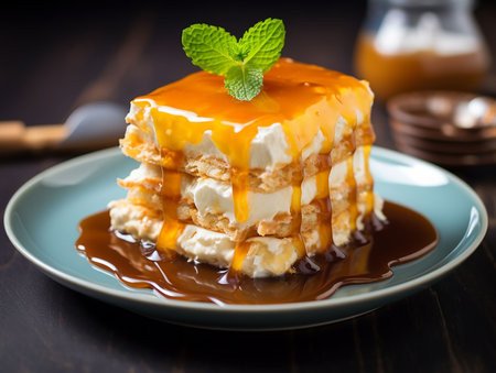 Napoleon cake with caramel sauce. served in Japanese style. generated AIの素材