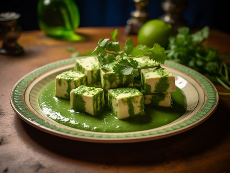 fresh cheese served with green vegetable sauce. generated AIの素材