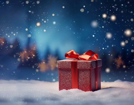 gift red box on blue background. concetto Christmas and New Year. copyspace. generated iaの素材
