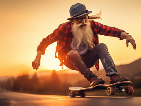 Grandpa does a freestyle skateboard ollie at the city skate park. Concept - dynamic sunset of life in color. generated iaの素材