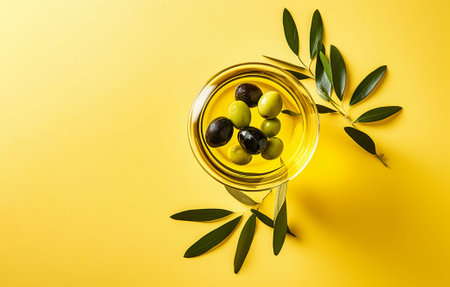 Olive oil in a glass and olive branch with green olives on a yellow background. copyspace. generated iaの素材