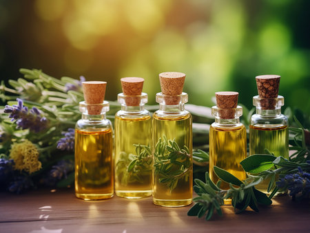 on the table bottles with essential oil and herbs. generated iaの素材
