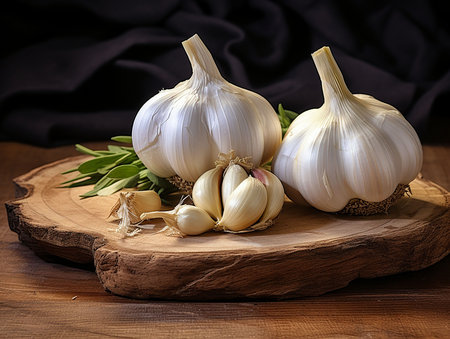 fresh garlic with white peel and rosemary sprigs on a wooden cutting board. generated iaの素材